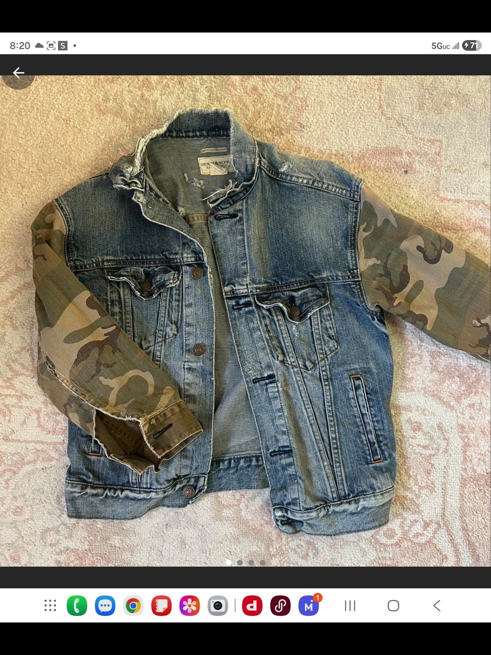 Denim & Supply Ralph Lauren Blue Distressed Denim Jacket with Green Camo Sleeves